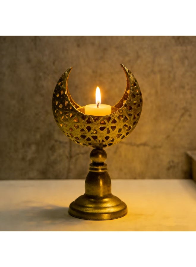 Golden Moon Shaped Candle Holder, Ramadan Decorative Metal Tealight Holder, Islamic Eid Ornament for Table Centerpiece, Home Decor, Bedroom, Living Room, Arabic Style Candle Stand for Ramadan, Eid al-Fitr, Wedding, Party（ZYZT-07B） - Image 3
